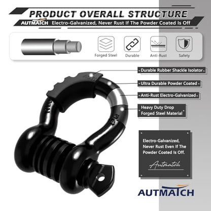 AUTMATCH 3/4" D Ring Shackles (2-Pack) - 41,887 lbs Break Strength | Heavy Duty Clevis Shackle with 7/8" Pin & Isolator Washer Kit for Tow Strap, Winch, Towing & Off-Road Vehicle Recovery, Black - color: Black