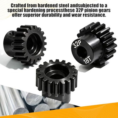 32P 18T RC Car Gear Set | 45# Steel Black Oxide | 5mm Bore +0.03mm | Precision Engineered Motor Pinion Gear Compatible with Traxxas/ARRMA/HPI/Kyosho (3-Pack with M4 Set Screws) - style: 3Pcs 18T