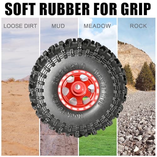 1.0 Beadlock Wheel Soft Tire Set RC Upgrade Part for Traxxas 1/18 TRX4M 1/24 RC Crawlers car Axial SCX24 FMS FCX24 Gladiator Bronco C10 JLU Deadbolt B17 Upgrade.(4Pcs/Set) - color: Red