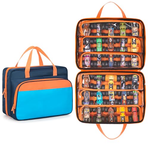 Monster Trucks Carrying Case Fit 34 1:64 Scale Toy Cars, Navy-Orange | Compatible with Monster Jam Trucks, Home Storage & Travel Use, Large Capacity, on the go Carry Bag, Empty Bag - color: Navy-Orange