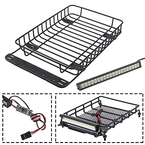 ShareGoo RC 1/10 Metal Roof Rack Luggage with 40Led Roof Light Bar Compatible with Traxxas TRX4 Axial SCX10 90046 Tamiya CC01 D90 Wrangler 1/10 RC Crawler Car