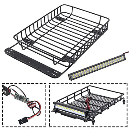 ShareGoo RC 1/10 Metal Roof Rack Luggage with 40Led Roof Light Bar Compatible with Traxxas TRX4 Axial SCX10 90046 Tamiya CC01 D90 Wrangler 1/10 RC Crawler Car