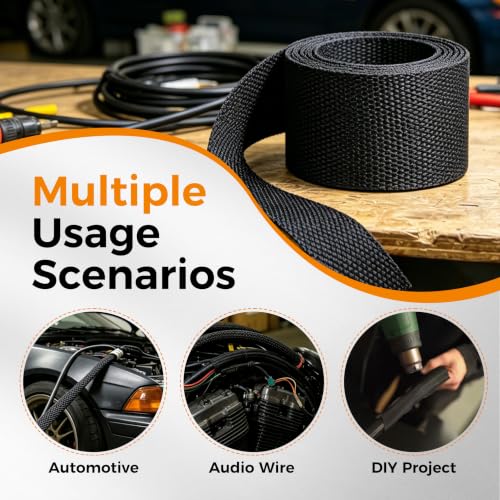 2:1 Ratio Automotive Heat Shrink Braided Sleeving 1/2''-26ft | Black 2 in 1 Ratio Wear-Resistant Flat Woven Heat Shrinkable Sleeve Fabric for Car Cable Wires Hoses Cord Protection - size: 1/2"-26ft