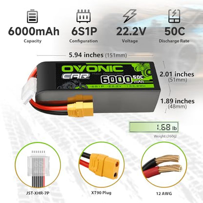 OVONIC 6S Lipo Battery 6000mAh 50C 22.2V with XT90 Plug Soft Case RC Battery Compatible for DJI Airplane RC Quadcopter Helicopter Car Truck Boat Hobby