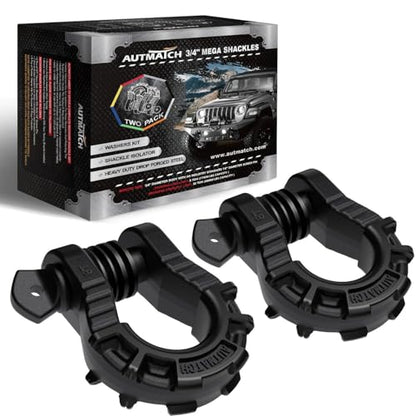 AUTMATCH D Ring Shackles 3/4" Mega Shackle (2 Pack) 68,000Ibs Break Strength - Heavy Duty Clevis Shackles 7/8" Screw Pin & Isolator Washer for Tow Strap Winch Off Road Vehicle Recovery, Frosted Black - color: Frosted Black