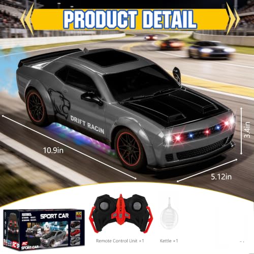 Remote Control Car 1:14 Scale RC Cars with Spray Effect, LED Lights & Realistic Sound, 2.4GHz Racing Toy with Controller, Christmas Birthday Gift for 3-9 Year Old Boys Girls (Gray)