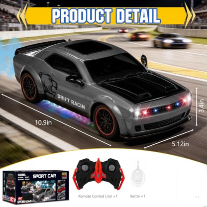 Remote Control Car 1:14 Scale RC Cars with Spray Effect, LED Lights & Realistic Sound, 2.4GHz Racing Toy with Controller, Christmas Birthday Gift for 3-9 Year Old Boys Girls (Gray)