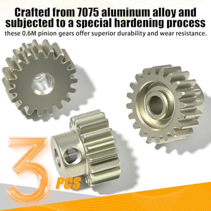 3PCS 0.6 Mod 0.6M Pinion Gear Set 18T 19T 20T, 7075 Aluminum Alloy RC Gears with 3.175mm Bore for 540 550 Brushed Brushless Motors, Fits for 1/10 Tamiya Redcat HSP HPI RC Cars - size: 18 19 20T