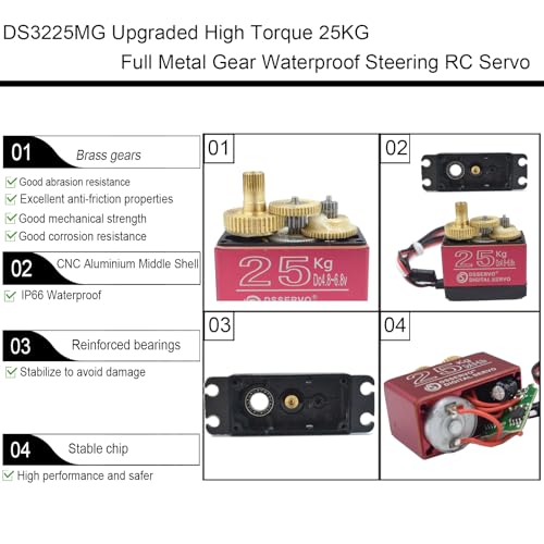 4 Pack 25KG Digital RC Servo DS3225 Waterproof Full Metal Gear RC Steering Servos Motor with 25T Servo Horn for 1/8 1/10 Scale Baja Crawler RC Car Buggy Truck Boat Plane Robotic Arm 270 Degree