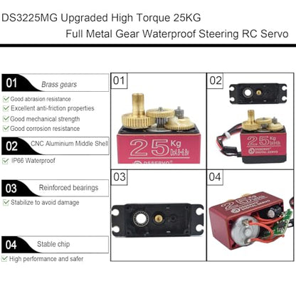 4 Pack 25KG Digital RC Servo DS3225 Waterproof Full Metal Gear RC Steering Servos Motor with 25T Servo Horn for 1/8 1/10 Scale Baja Crawler RC Car Buggy Truck Boat Plane Robotic Arm 270 Degree