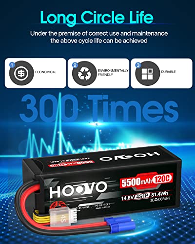 HOOVO 4S Lipo Battery 14.8V 5500mAh 120C RC Battery Hard Case EC5 Connector | 2 Pack,Compatible with Arrma Kraton 8S RC Buggy Truggy Crawler Monster Car Boat Truck - style: 4S 5500mAh 120C-EC5-2Pack(Hard Case)