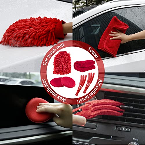 18 PCS Car Cleaning Tools Kit, Car Detailing Brush Set with Driller Attachment Set, Car Wash Kit, Car Cleaning Brushes for Cleaning Interior, Exterior, Wheels, Etc. (Red)