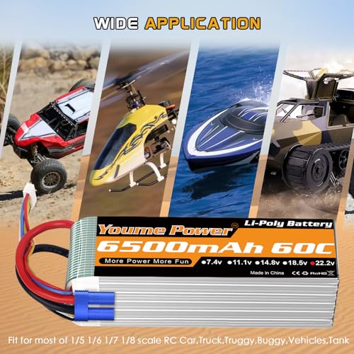 Youme 6S LiPo Battery 22.2V 6500mAh 60C EC5 Plug 2Packs for RC Car Plane | Soft Case 22.2V RC Battery high energy density for 1/6 1/7 Car Truck 550/700/800 Helicopter Airplane EDF jets boats