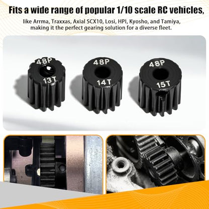3PCS 48P Pinion Gear Set Hardened Steel 3.175mm Shaft 13T 14T 15T with Screws & Hex for 1/10 RC Arrma Traxxas HPI Kyosho Losi Axial SCX10 Tamiya Monster Truck Buggy Motor Upgrade Parts - size: 13 14 15T