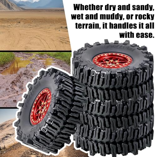 2.2" RC Mud Terrain Wheel Tire with Brake Discs for 1/10 RC Crawler - 12mm Hex, 9.5mm Offset Aluminum Wheel - Aggressive Huge Lug Tire for Mud Slinging - Fit for SCX10 TRX4 TRX6 Gen8 VS4-10 - color: Red