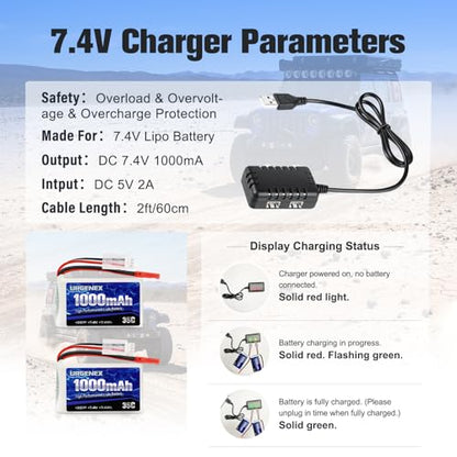 2S Lipo Battery 7.4V 1000mAh 35C(Burst 70C) Rechargeable RC Battery with JST Plug Compatible with WLtoys RC Cars A949 A959 A969 A979 K929 and Most 1/14 1/16 1/18 1/24 Scale RC Car Truck - style: 2PACK with Charger