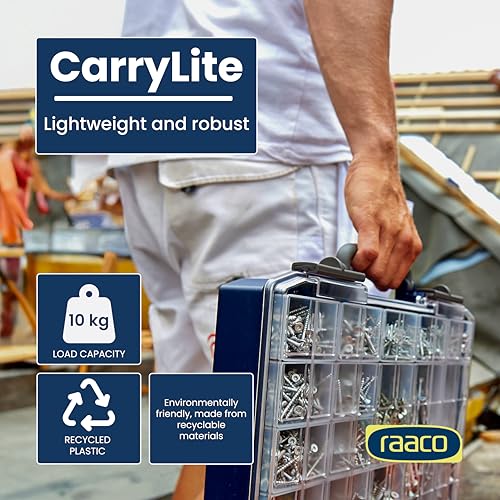 Raaco CarryLite 55 Small Parts Organizer, 25 Inserts | 2.3 Inch Height, Anti-Mix U-Profile Lid for Screws, Bolts & Nuts, Secure Sliding Lock, 25 Inserts, For workshop and garage - size: Slim-25 Inserts., style: Single Pack
