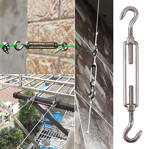 M6 Hook & Hook/C to C Turnbuckle 304 Stainless Steel, Hardware Kit for Wire Rope Tension Heavy Duty, for Sun Shade, Tent Installation, Anti-Rust, 6 Packs