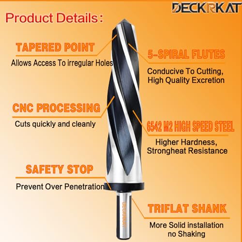 1-1/2" Reamer Drill Bit for Metal, M2 HSS Taper Reamer for Steel, Alloy, Wood, Plastic to Align, Enlarge Holes – 5-Spiral Flutes,1/2"Non-Slip Shank, 38mm Car Reamer, Bridge Construction Reamer. - size: 1-1/2"