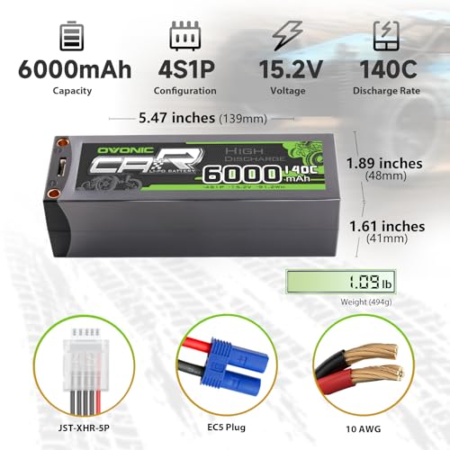 OVONIC 4S LiPo Battery 6000mAh 15.2V High Voltage 140C RC Battery with 5mm Bullet to EC5 Connector (2 Pack)
