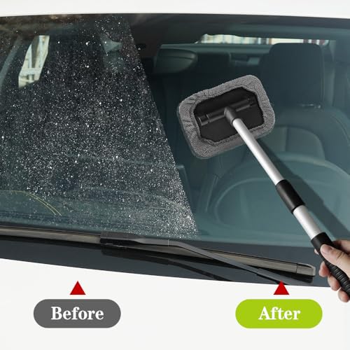 Windshield Cleaning Tool, Car Cleaning Window Tool, Car Window Cleaner with Unbreakable Extendable Handle and Microfiber Cloth, Scratch-Free Car Cleaning Brush for Auto Glass Wiper (Gray) - color: Gray