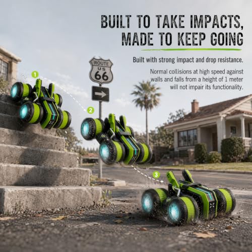 High Speed RC Stunt Car 25KM/H, 2.4GHz 4WD Remote Control Drift Car | Upright & Side Driving, One-Click Auto Stunts, Tire Flipping, 360° Rotation, Birthday Toy Gift for Kids Boys Ages 4-12 - color: Green