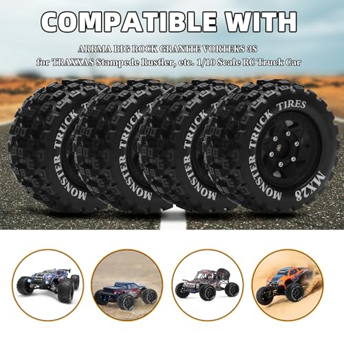 MX28 F/R 2.8" RC Car Tires with 12mm/14mm Hex Adapter RC Wheels and Tires Set 1/10 Scale RC Truck Tires for Arrma Big Rock Granite Traxxas Rustler Stampede VORTEKS 3S 4PCS (Style B) - Black - color: Black