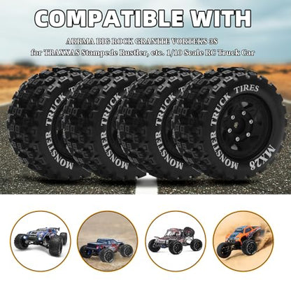 MX28 F/R 2.8" RC Car Tires with 12mm/14mm Hex Adapter RC Wheels and Tires Set 1/10 Scale RC Truck Tires for Arrma Big Rock Granite Traxxas Rustler Stampede VORTEKS 3S 4PCS (Style B) - Black - color: Black