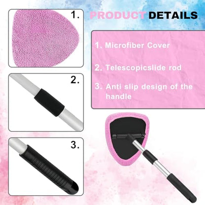 Windshield Cleaning Tool, Car Window Cleaner with Extendable Handle, 4 Microfiber Pads and Spray Bottle, Auto Interior Exterior Glass Wiper Cleaning Kit Universal for RV, SUV, Truck (Pink) - color: Pink