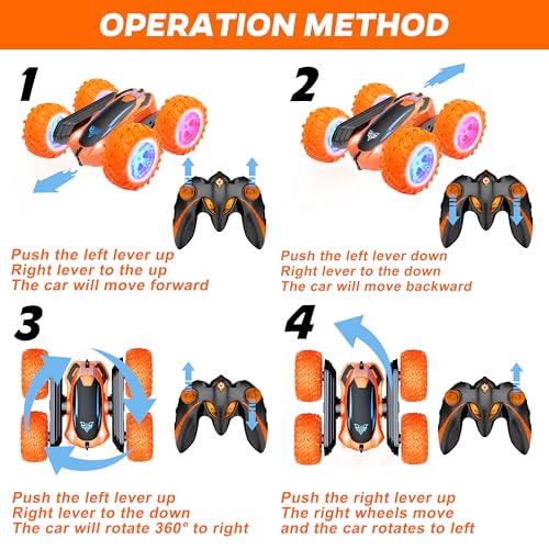 Remote Control Car, 2.4GHz Electric Race Stunt Car, 360° Rotating RC Car | Kids Car Toys, LED Headlights Double Sided RC 4WD High Speed Off Road Gift for 3 4 5 6 7 8-12 Year Old Boy Toys (Orange) - color: Orange