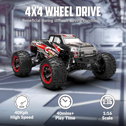 RACENT RC Car, 1:16 Scale All Terrain RC Truck Crossy, 30MPH 4WD Off Road Fast Remote Control Toy, 2.4Ghz High Speed Electric Vehicle with 2 Rechargeable Batteries, 40+ Min Play （Red&Green） - color: Red&green