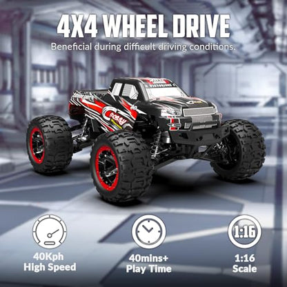 RACENT RC Car, 1:16 Scale All Terrain RC Truck Crossy, 30MPH 4WD Off Road Fast Remote Control Toy, 2.4Ghz High Speed Electric Vehicle with 2 Rechargeable Batteries, 40+ Min Play （Red&Green） - color: Red&green