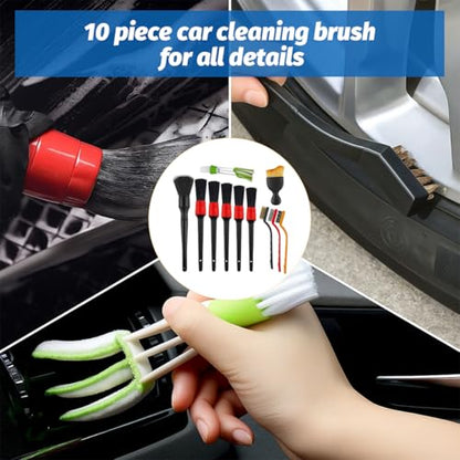 11PCS Car Detailing Brush Set, Soft Boar Hair Vehicle Interior Exterior Detail Cleaning Brush, Automotive Detailing Cleaner Kit for Wheel, Air Vent, Seat, Universal for Most Vehicles