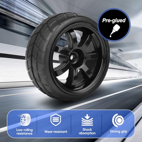 PreGlued 12mm Hex Hubs Wheel Rims&2.56" Rubber Tires for 1/10 On-Road Touring Car Drift for Traxxas 4tec 2.0 3.0 Tamiya TT02 TT01 HPI RS4 HSP Flying Fish Wltoys 144001 Kyosho Fazer (Edition E)