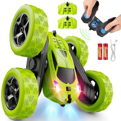 QUNREDA Remote Control Car for Kids Ages 6+, RC Cars Stunt Car Toy 4WD Double Sided 360° Rotating Remote Control with Headlights, Birthday Xmas Gifts for Boys 6 7 8 9 10 11 12 Green - color: Green