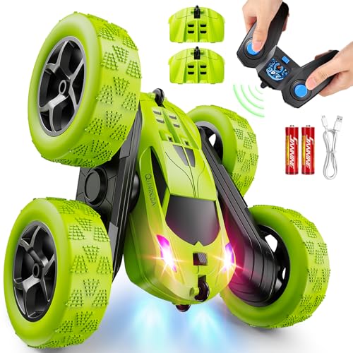 QUNREDA Remote Control Car for Kids Ages 6+, RC Cars Stunt Car Toy 4WD Double Sided 360° Rotating Remote Control with Headlights, Birthday Xmas Gifts for Boys 6 7 8 9 10 11 12 Green - color: Green