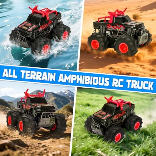 Remote Control Car for Kids, Waterproof RC Monster Truck with Gesture Band | All Terrain Waterproof RC Car Drives on Land and Water with 4WD, LED Lights, Spray, 360° Stunts, Tracks and 50+ Min Play - color: Red