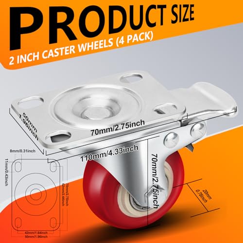 2 Inch Plate Caster Set of 4, PU Swivel Wheel with Dual Brakes | Smooth 360° rotation,dual locking brake,silent PU wheels - color: Red, size: 2 IN