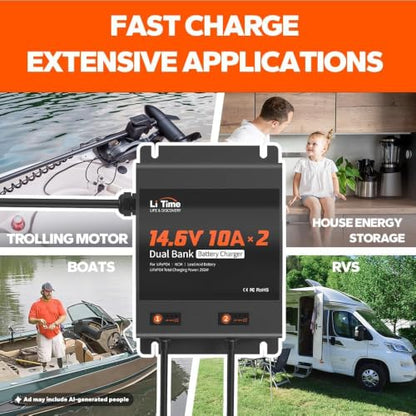 LiTime 2-Bank 10A (10A/Bank) Dual Smart Battery Charger, 14.6V LiFePO4 Battery Charger AC-DC Charger with Fuse, LED Indicator for RV, Boat, Motorcycle, Lawn Mower, Trolling motor and Lead Acid Battery