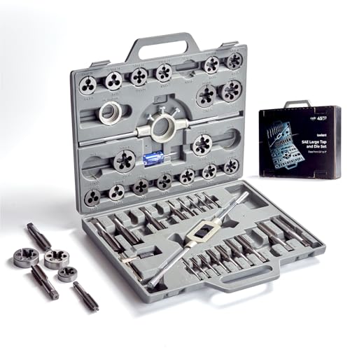 toolant 45-Piece SAE Tap and Die Set, 1/4"-1" | Large SAE taps and dies, 9/16 to 1-inch range, round dies, internal and external threading, extension handle - size: 45pcs SAE (1/4"-1")