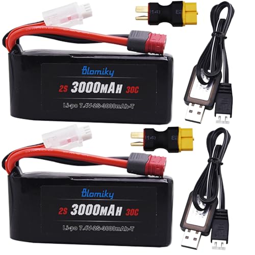 Blomiky 2 Pack 7.4V 2S 3000mAh Shorty T Plug Lipo Battery Pack with XT60 Converter Suitable for Wltoys 124019 144001 and Hyper Go H14BM 14211 14210 RC Trucks / 7.4V 3000mAh T