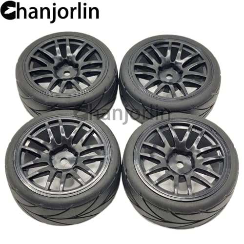 RC 1/10 On Road Touring Tires & Wheels 12mm Hex Hard Plastic Rims OD 65mm Street Racing Tyre for 1:10 1/12 Rally Drift Car Tamiya TT01 TT02 Traxxas XV02 XV01 HPI KYOSHO PTG2 4PCS (Black) - color: Black