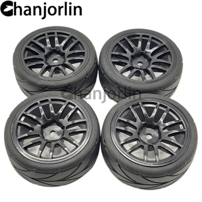 RC 1/10 On Road Touring Tires & Wheels 12mm Hex Hard Plastic Rims OD 65mm Street Racing Tyre for 1:10 1/12 Rally Drift Car Tamiya TT01 TT02 Traxxas XV02 XV01 HPI KYOSHO PTG2 4PCS (Black) - color: Black