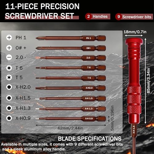 RC Screwdriver Set 11-in-1 Precision Repair Kit | Hex 0.9-2.0mm, T5/T6, PH0/PH1, Slotted 2.0, for RC Cars, SCX24, TRX4M, FPV drones