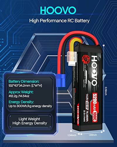HOOVO 14.8V 100C 5200mAh 4S Lipo Battery with EC5 Connector SoftCase 2 Pack | for RC Car Truck Truggy Buggy Tank RC Airplane Helicopter Boat Car Racing