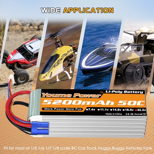 Youme 6S Lipo Battery 22.2V 5200mAh 50C EC5 Plug 2Packs for RC Car Truck | 22.2V 6S lipo battery softcase 50C EC5/XT90 plug for 550/600/700 RC Airplane Helicopter,1/7 1/8 RC Car Truck, 70-90mm EDF jet