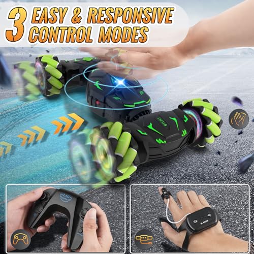 Pristar Gesture RC Car Toys for Boys 6-12, Gifts for Kids Aged 6-12 | RC Sensing Stunt Car with Cool Spray Lights Music, 2.4Ghz Remote Control Car Double Sided Flip 360° Rotate 4WD Off-Road - color: Green-black