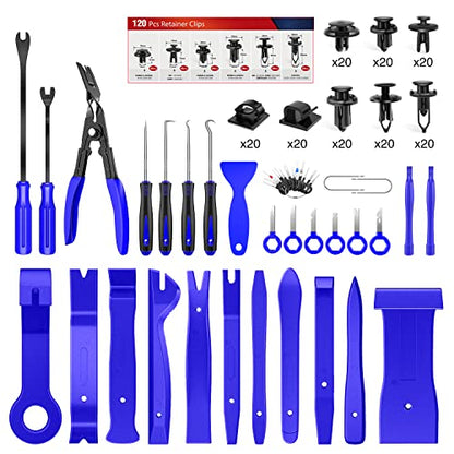 Nilight 200Pcs Trim Removal Tool, Auto Push Pin Bumper Retainer Clip Set | Fastener Terminal Remover Adhesive Cable Clips Round Handle Crowbar Kit Car Panel Radio Auto Clip Pliers - color: 200 Clips+ Remover Tools Blue