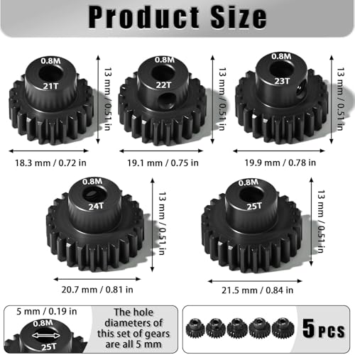 5Pcs 0.8M Hardened Steel Pinion Gear Set 5mm Shaft 21T 22T 23T 24T 25T Motor Pinion Gear with M4 Screw and Hex Key, for Arrma HPI Kyosho Losi Axial Traxxas Tamiya 1/10 RC Car and 540/550 Motors - size: 0.8M-5mm-21-25T