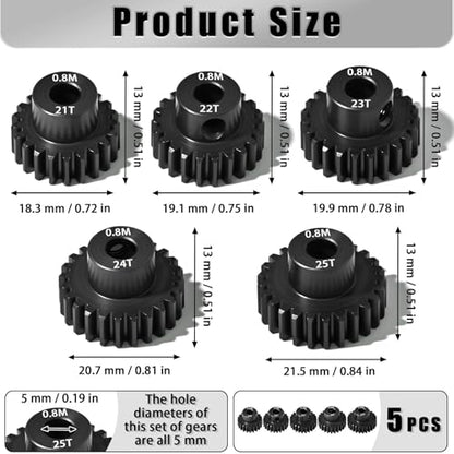 5Pcs 0.8M Hardened Steel Pinion Gear Set 5mm Shaft 21T 22T 23T 24T 25T Motor Pinion Gear with M4 Screw and Hex Key, for Arrma HPI Kyosho Losi Axial Traxxas Tamiya 1/10 RC Car and 540/550 Motors - size: 0.8M-5mm-21-25T